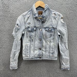 American Eagle Jean Jacket‎ Womens Small Blue Denim Pockets Trucker Distressed